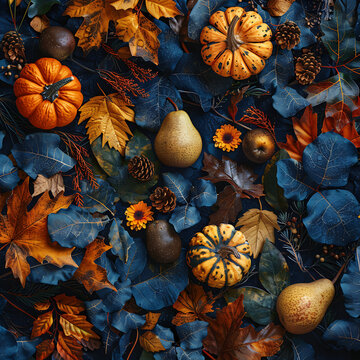 Unique teal and orange autumn flat lay texture of pumpkins and leaves for premium packaging pattern design Instagram post and textile print