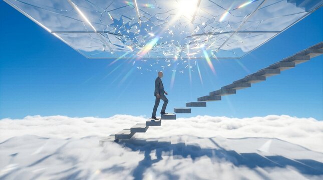 Male executive walking up staircase breaking through glass ceiling toward bright sun