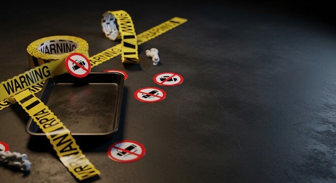 Yellow warning tape and prohibited signs for phones and cameras on a dark surface