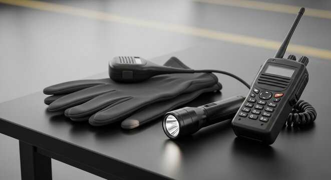 Security Officer's Essential Equipment Gloves Flashlight Radio and Phone on a Table