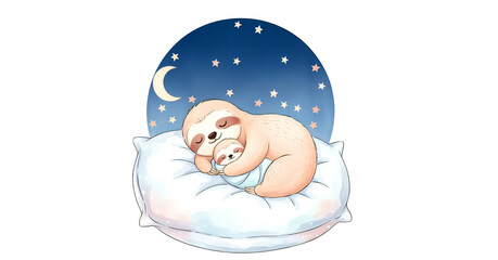Naklejka premium Cute Sleeping Mother and Baby Sloth Illustration on Pillow under Starry Night Sky and Moon Nursery Art