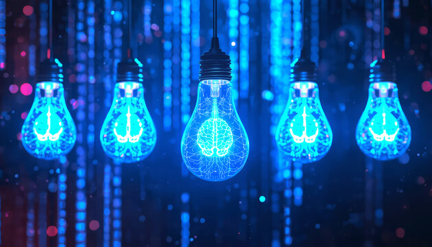 A light bulb with a  blue glowing filament resembling a brain%3B a business technology concept.