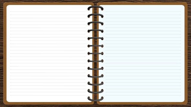 罫線のある見開き状態のノートをめくるアニメーション背景／An animated background of an open lined notebook with pages turning