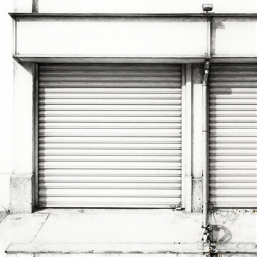 Black and White Close-up of Closed Metal Rolling Shutters on a