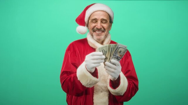 Man in santa suit counts us dollar banknotes with gloved hands in studio green screen, smiling and fanning cash; holiday wealth cheerful.