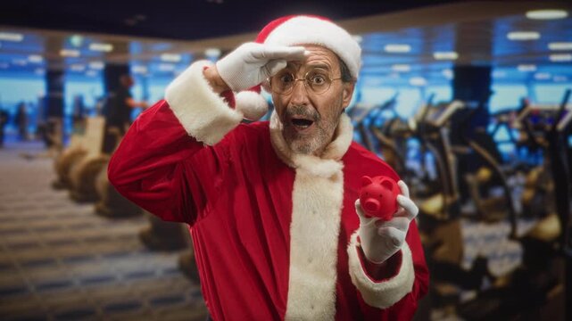 Man in santa suit shields eyes with gloved hand and holds piggybank in building gym; holiday savings surprise.