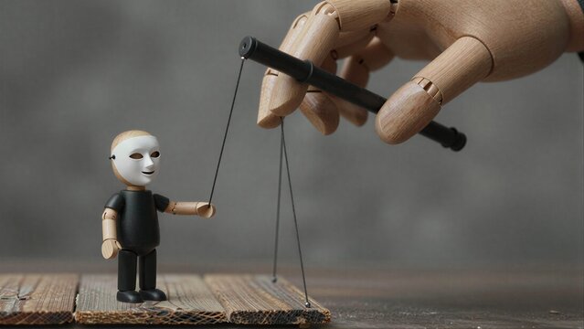 Wooden hand controls puppet with mask, symbolizing hidden manipulation behind smiles.