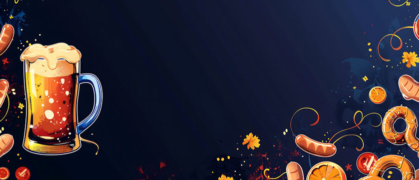 Ultra wide vector illustration of dynamic beer and sausage with central copy space for Oktoberfest website hero background and landing page