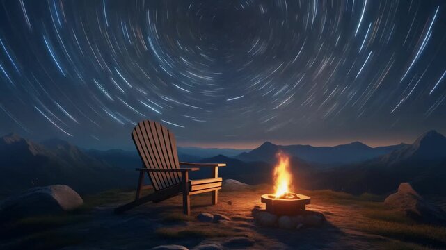 Mountain Campfire Under Star Trails 4K Generative AI