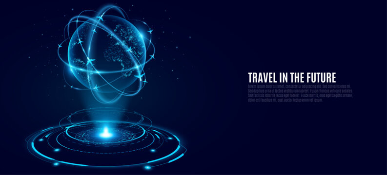 Futuristic travel concept featuring a glowing digital Earth surrounded by illuminated flight paths and aircraft displayed above a high tech holographic HUD platform. Vector illustration.