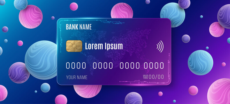 Debit bank card concept featuring a stylish payment card surrounded by colorful floating spheres on a dark blue background. Financial technology and contactless payment concept. Vector illustration.