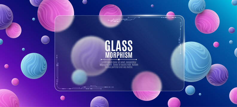 Glass morphism banner template with colorful floating 3d spheres on a colorful background featuring a translucent rectangular panel for presentations or branding. Vector illustration.