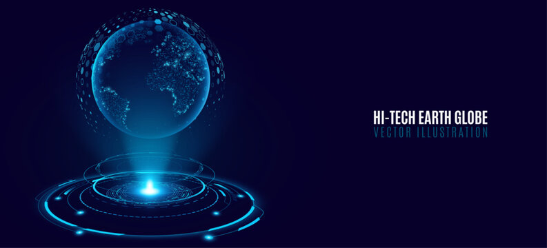 Holographic planet Earth with cyber hexagonal sphere floating above a hi-tech HUD circle. Digital world map of glowing dots. Global network concept for technology or science background. Vector.
