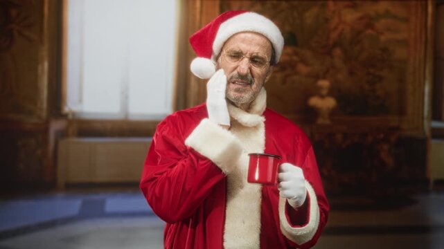 Man in santa suit clutching cheek with gloved hand while holding red cup inside building; toothache pain holiday.