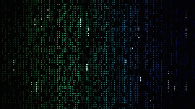 Running digital data on black screen with matrix glitch effects for cyberpunk style video projects glitch