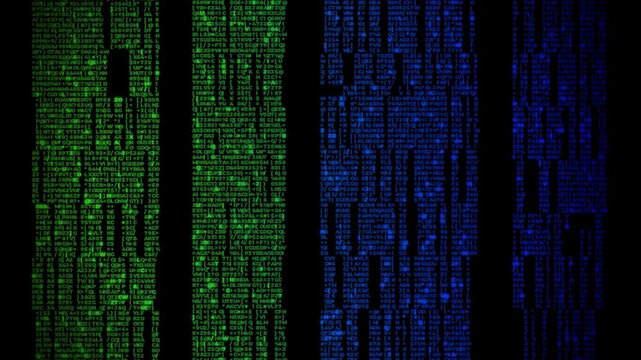 Fast running digital data Green and blue digital code glitch on black screen with matrix glitch effects for cyberpunk style video projects. 4k video