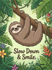 Naklejka premium Cute sloth hanging on tree branch with motivational text