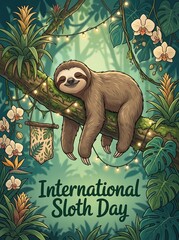 Naklejka premium International Sloth Day sleeping sloth in jungle vector poster
