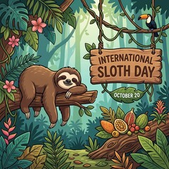 Naklejka premium International Sloth Day sleeping cute sloth in jungle poster