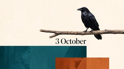 Naklejka premium Black raven on branch with 3 October text and abstract color blocks