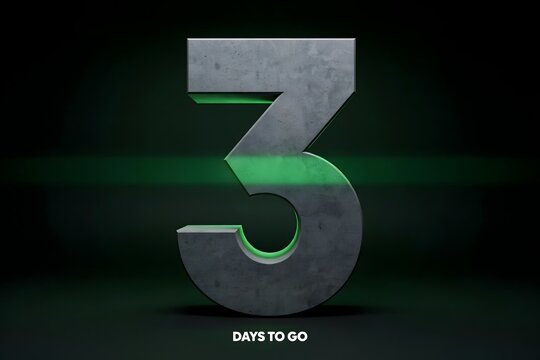 3D concrete number three with green light effect for countdown and event promotion