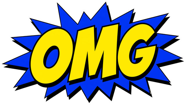 Comic book style illustration of the word OMG in bold yellow letters on a blue burst.