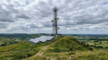 Obraz premium telecom tower with solar panels on grassy hill under cloudy sky