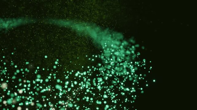 A mesmerizing display of glowing green particles swirling gracefully from a central point into an ethereal luminous glow against a dark background