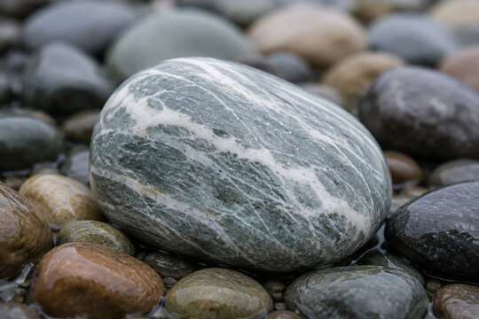 A smooth soapstone rock rests among wet river pebbles.