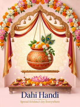 Dahi Handi Festival Poster With Peacock Feathers And Diyas