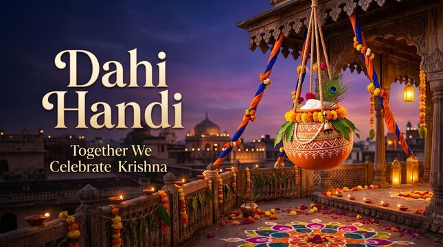 Traditional Dahi Handi Banner With Diyas And Rangoli