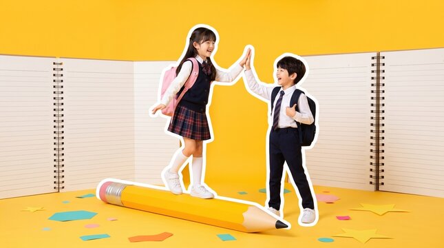 East asian schoolchildren high fiving on giant pencil amid colorful paper cutout collage