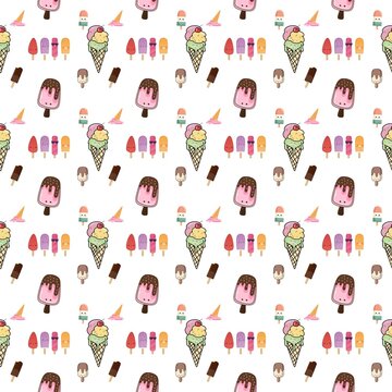 A seamless vector pattern featuring a delicious collection of cartoon-style desserts on a clean white background. The design consists of chocolate cupcakes topped with swirl pink frosting