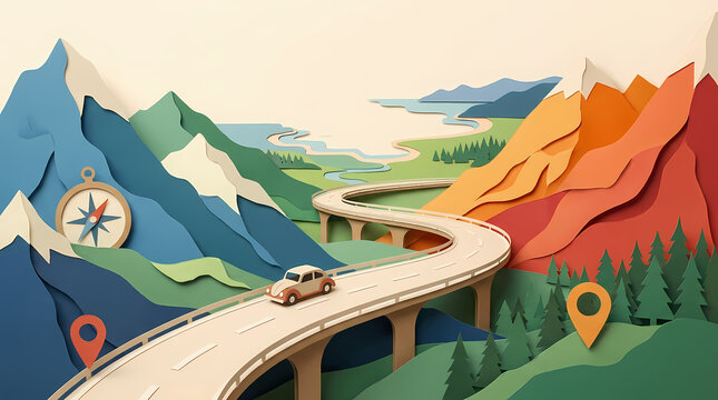 Abstract Papercut Style Illustration of a Car on a Winding Road Through Colorful Mountains for Travel and Adventure Concept