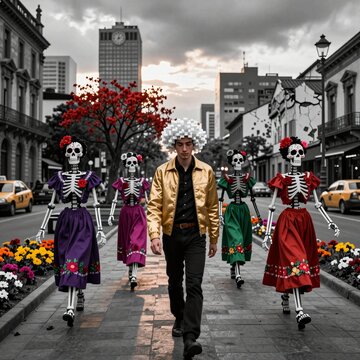 Day of the Dead Skeleton Procession on Urban Street with Vibrant Floral Details
