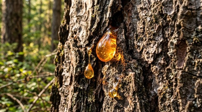 amber tree sap droplets forming on rough bark in sunlight
