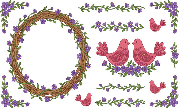Flat Vector Folk Art Pink Lovebirds Rustic Twig Wreath and Purple Floral Borders Set Isolated on White Background