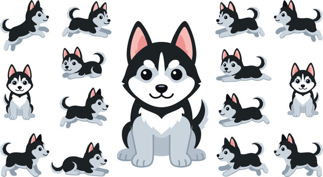 Cute Cartoon Siberian Husky Puppy Character Set with Different Running Jumping and Sitting Poses Isolated on White Background