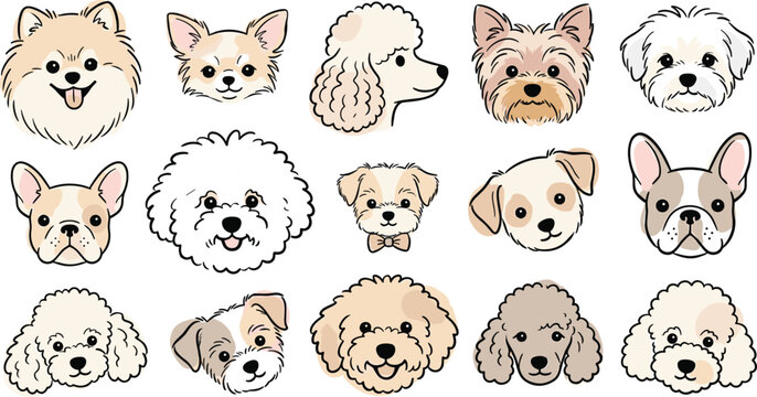 Cute Cartoon Small Dog Breeds and Fluffy Puppy Faces Avatar Vector Icon Set Isolated on White Background