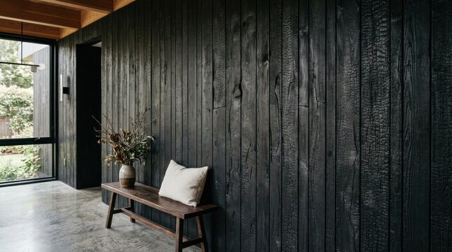 charred dark wood wall panels with shou sugi ban texture