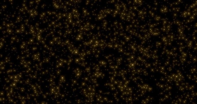 Glittering gold particle splashing in black background. Sparkling light streaks glow dust effect. 4K 3D rendering animation.