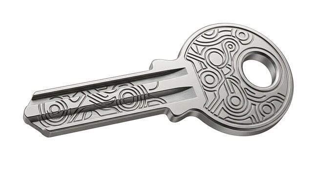 Modern silver metal key with abstract engraved line patterns isolated on white background