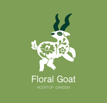 Folk Floral Goat logotype in green. Vector illustration