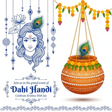 Traditional Dahi Handi Vector Greeting With Floral Decorations