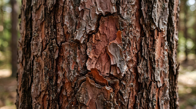 Rugged pine tree bark texture with brown natural patterns for organic forest backgrounds and rustic wood design.