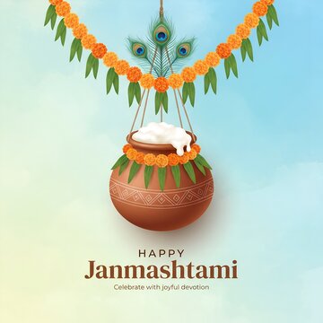 Minimalist Janmashtami Banner With Butter Filled Terracotta Matki With Marigold Toran