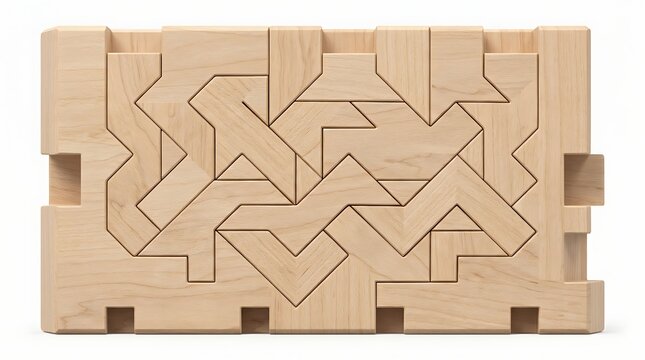 Wooden geometric puzzle block brain teaser game with interlocking natural timber pieces isolated on white background