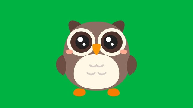 Cute owl cartoon character animation vector on green background
