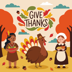 Naklejka premium Give Thanks cute Thanksgiving cartoon illustration