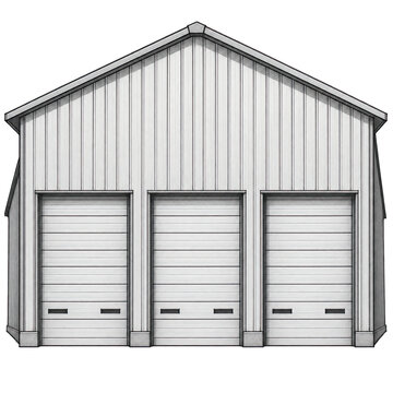 Technical Line Drawing of a Three-Bay Garage Building with Gable Roof